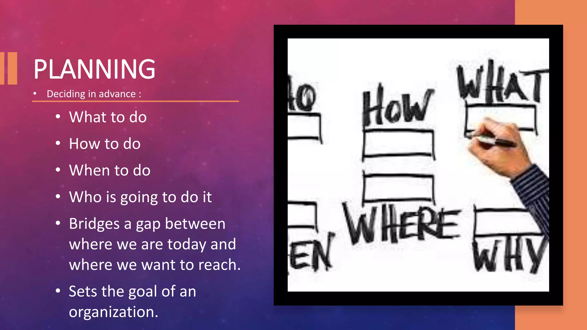 PLANNING
• Deciding in advance :
• What to do
• How to do
• When to do
• Who is going to do it
• Bridges a gap between
where we are today and
where we want to reach.
• Sets the goal of an
organization.
 