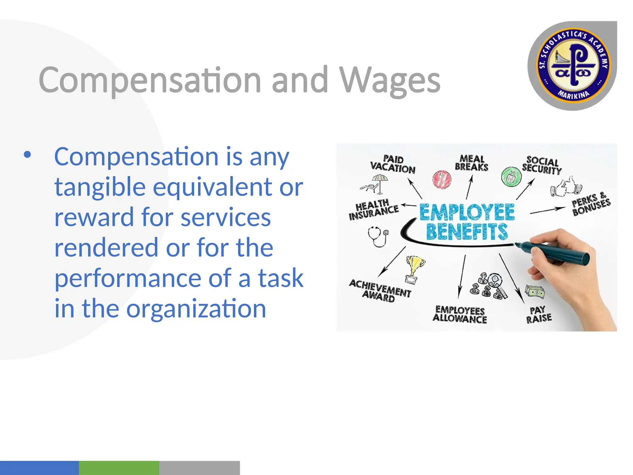 Your
Logo
Here
Compensation and Wages
• Compensation is any
tangible equivalent or
reward for services
rendered or for the
performance of a task
in the organization
 