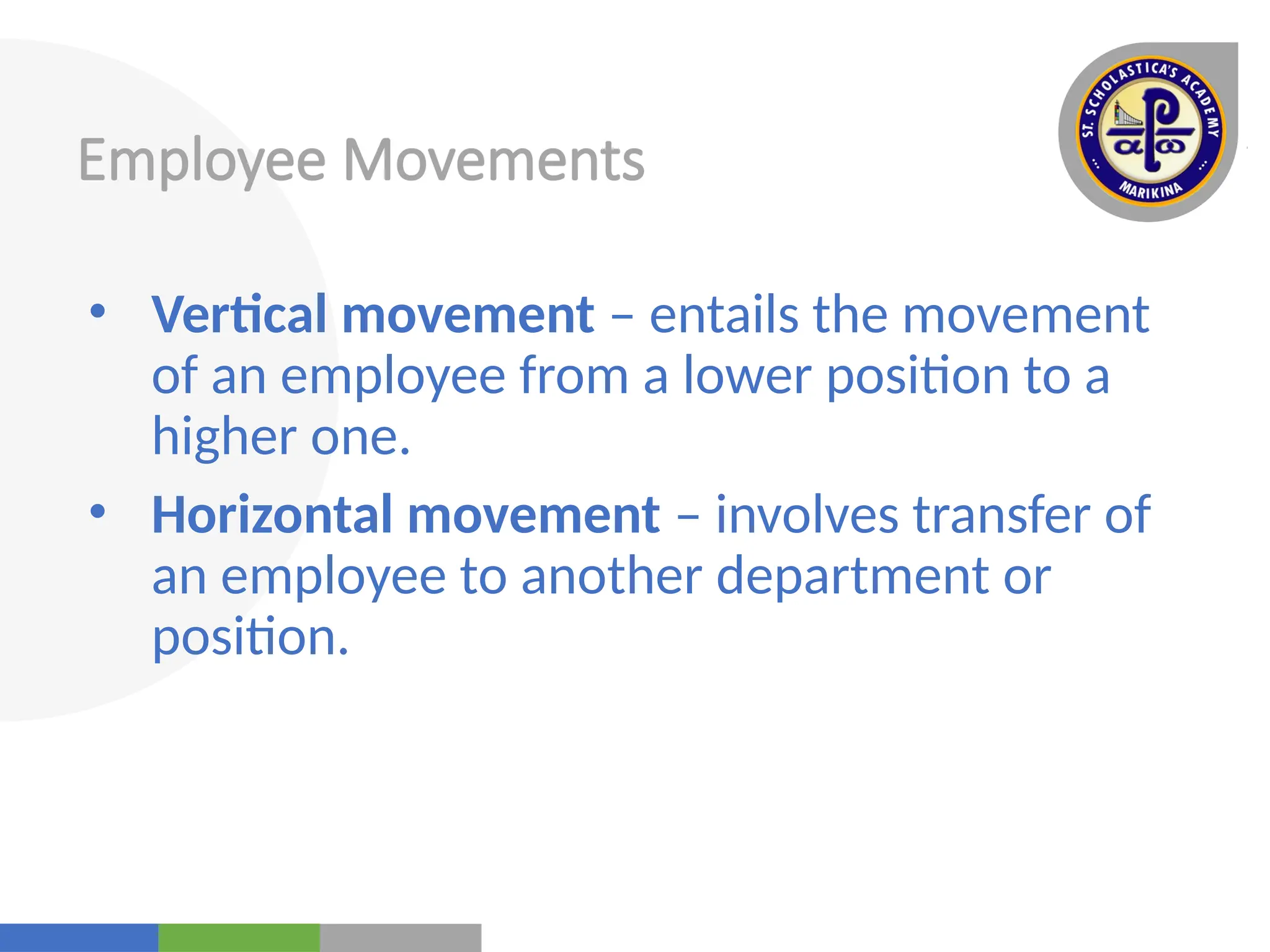 Your
Logo
Here
Employee Movements
• Vertical movement – entails the movement
of an employee from a lower position to a
higher one.
• Horizontal movement – involves transfer of
an employee to another department or
position.
 