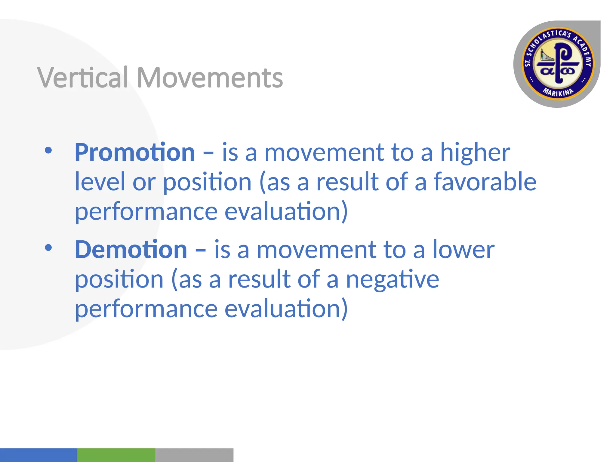 Your
Logo
Here
Vertical Movements
• Promotion – is a movement to a higher
level or position (as a result of a favorable
performance evaluation)
• Demotion – is a movement to a lower
position (as a result of a negative
performance evaluation)
 