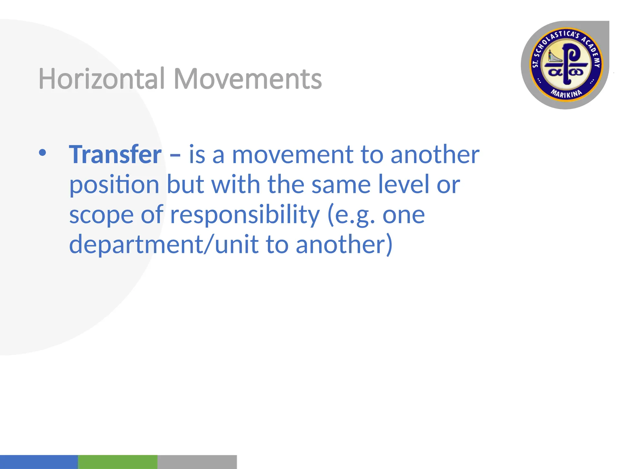 Your
Logo
Here
Horizontal Movements
• Transfer – is a movement to another
position but with the same level or
scope of responsibility (e.g. one
department/unit to another)
 