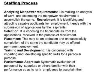 Staffing Process
Analyzing Manpower requirements: It is making an analysis
of work and estimating the manpower requirement...