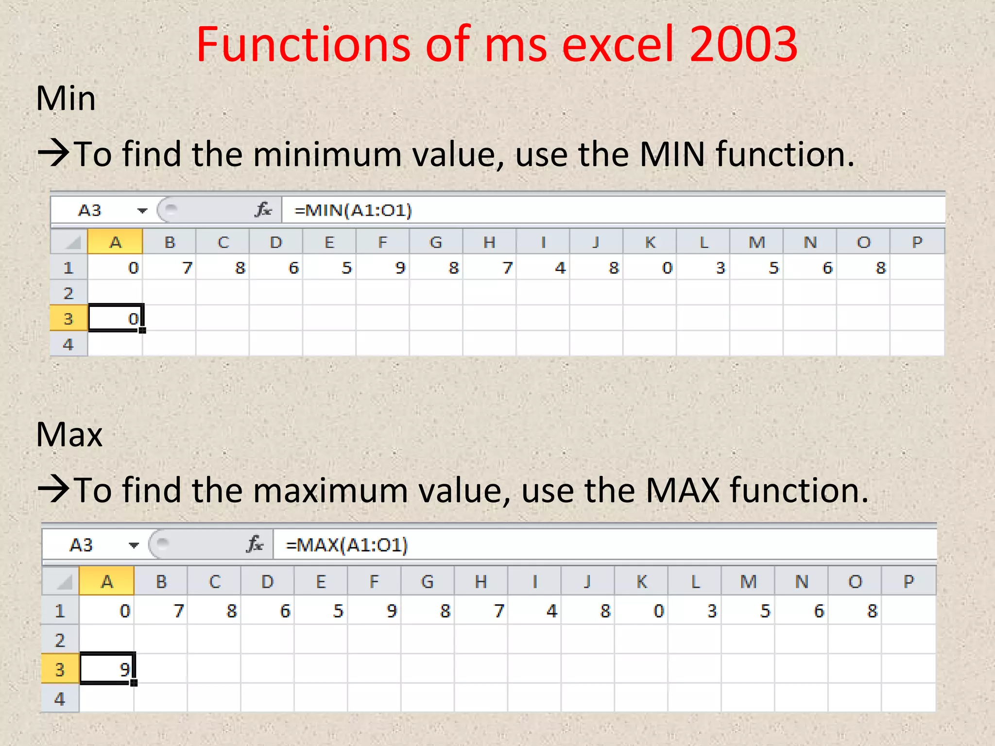 Functions of ms excel 2003 | PPT