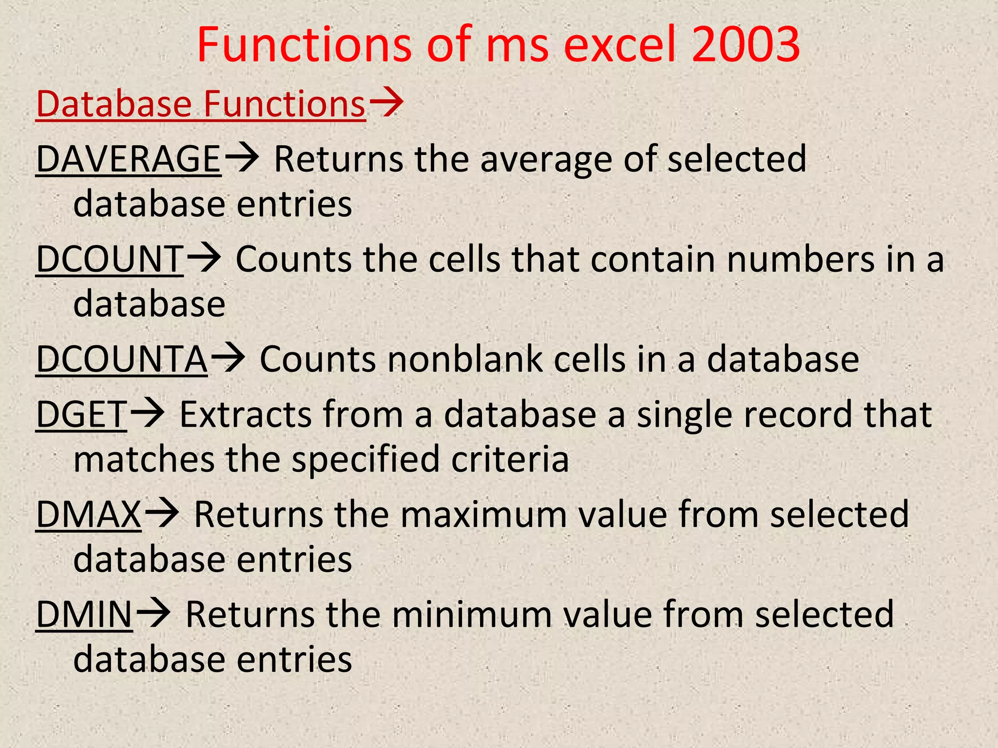 Functions of ms excel 2003 | PPT