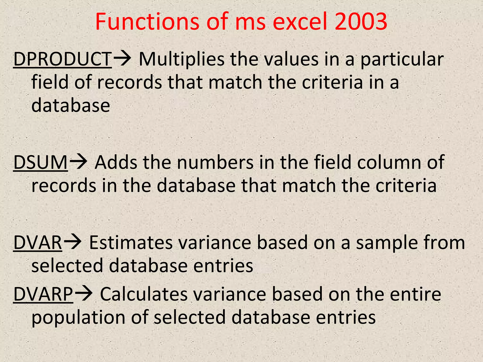 Functions of ms excel 2003 | PPT
