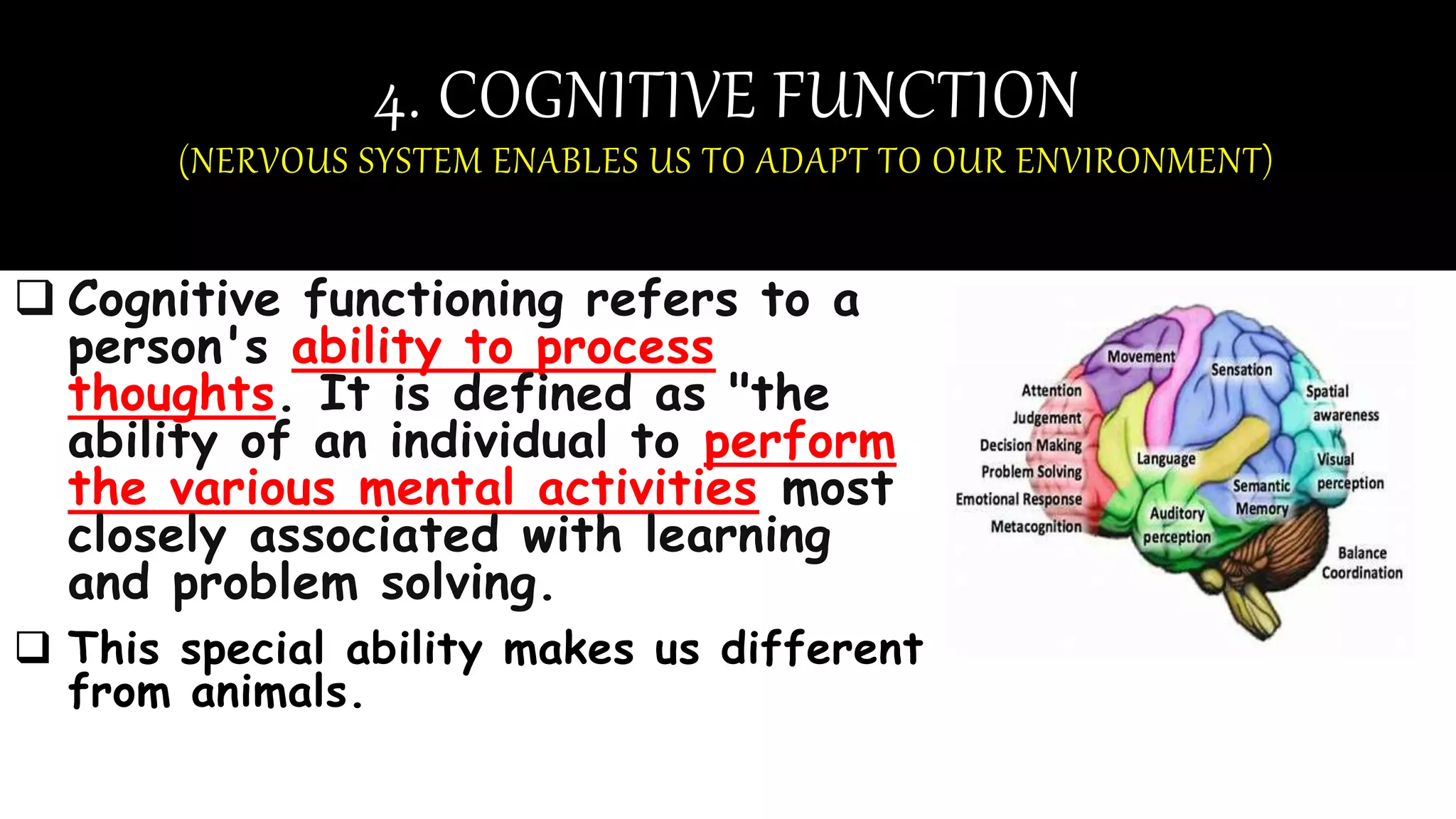 4. COGNITIVE FUNCTION
(NERVOUS SYSTEM ENABLES US TO ADAPT TO OUR ENVIRONMENT)
 Cognitive functioning refers to a
person's ability to process
thoughts. It is defined as "the
ability of an individual to perform
the various mental activities most
closely associated with learning
and problem solving.
 This special ability makes us different
from animals.
 