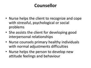 Counsellor
• Nurse helps the client to recognize and cope
with stressful, psychological or social
problems
• She assists the client for developing good
interpersonal relationships
• Nurse counsels primary healthy individuals
with normal adjustments difficulties
• Nurse helps the person to develop new
attitude feelings and behaviour
 
