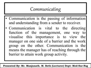 Communicating
• Communication is the passing of information
and understanding from a sender to receiver.
• Communication is vital to the directing
function of the management, one way to
visualise this importance is to view the
manager on one side of a barrier and the work
group on the other. Communication is the
means the manager has of reaching through the
barrier to attain work group activity.
Presented By: Mr. Manjunath. M. Beth (Lecturer) Dept: Med-Sur-Nsg
 