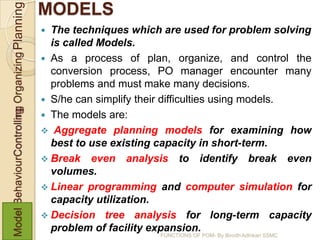 Model BehaviourControlling Organizing Planning
                                                 MODELS
                                                  The techniques which are used for problem solving
                                                   is called Models.
                                                  As a process of plan, organize, and control the
                                                   conversion process, PO manager encounter many
                                                   problems and must make many decisions.
                                                  S/he can simplify their difficulties using models.
               Controling




                                                  The models are:
                                                  Aggregate planning models for examining how
                                                   best to use existing capacity in short-term.
                                                  Break even analysis to identify break even
                                                   volumes.
                                                  Linear programming and computer simulation for
                                                   capacity utilization.
                                                  Decision tree analysis for long-term capacity
                                                   problem of facility expansion.
                                                                        FUNCTIONS OF POM- By Birodh Adhikari SSMC
 