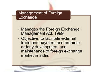 • Manages the Foreign Exchange
Management Act, 1999.
• Objective: to facilitate external
trade and payment and promote
orderly development and
maintenance of foreign exchange
market in India.
Management of Foreign
Exchange
Manglayatan University,
Beswan,Aligarh(U.P)
 