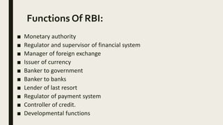 Functions of rbi | PPTX | Business Banking & Finance | Business