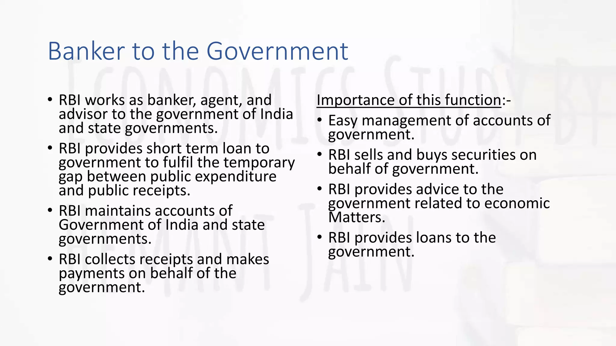 Functions of RBI / Central Bank | PPTX
