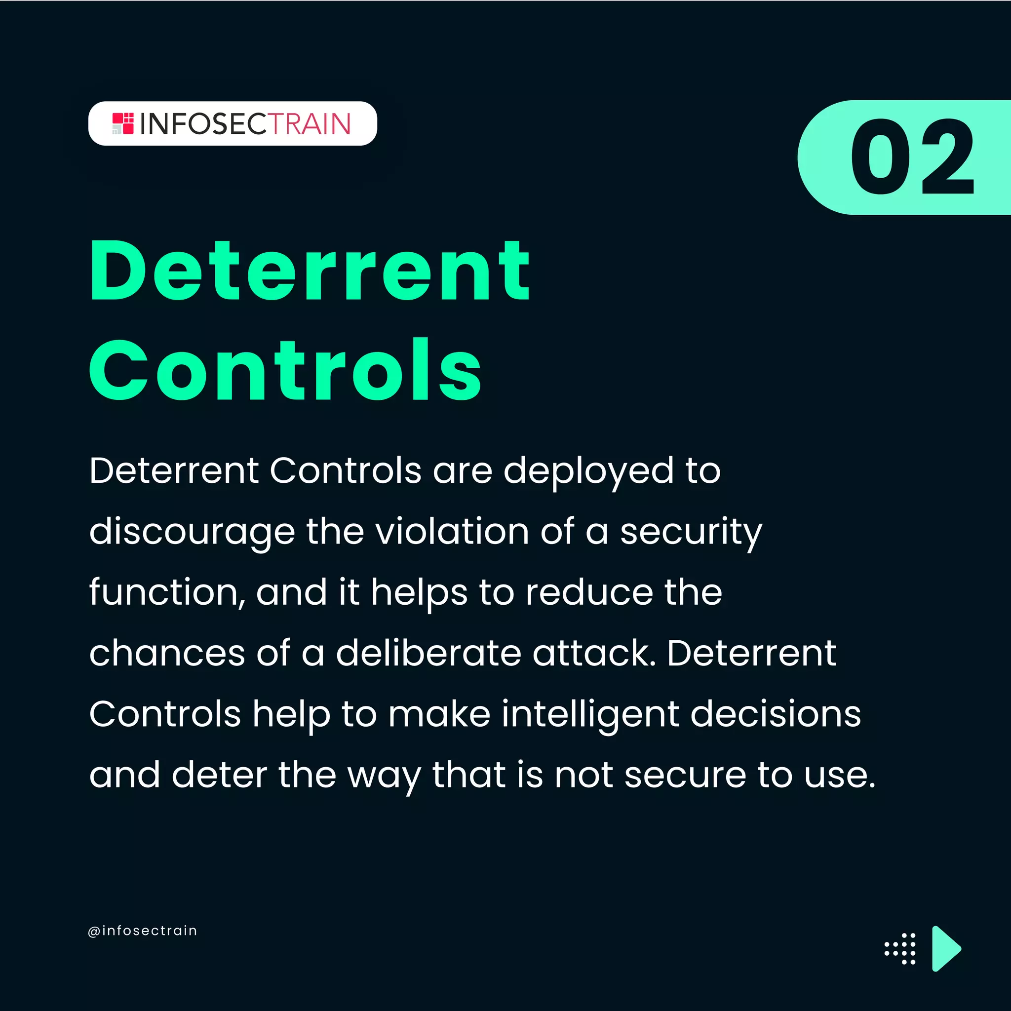 @infosectrain
Deterrent
Controls
02
Deterrent Controls are deployed to
discourage the violation of a security
function, and it helps to reduce the
chances of a deliberate attack. Deterrent
Controls help to make intelligent decisions
and deter the way that is not secure to use.
 