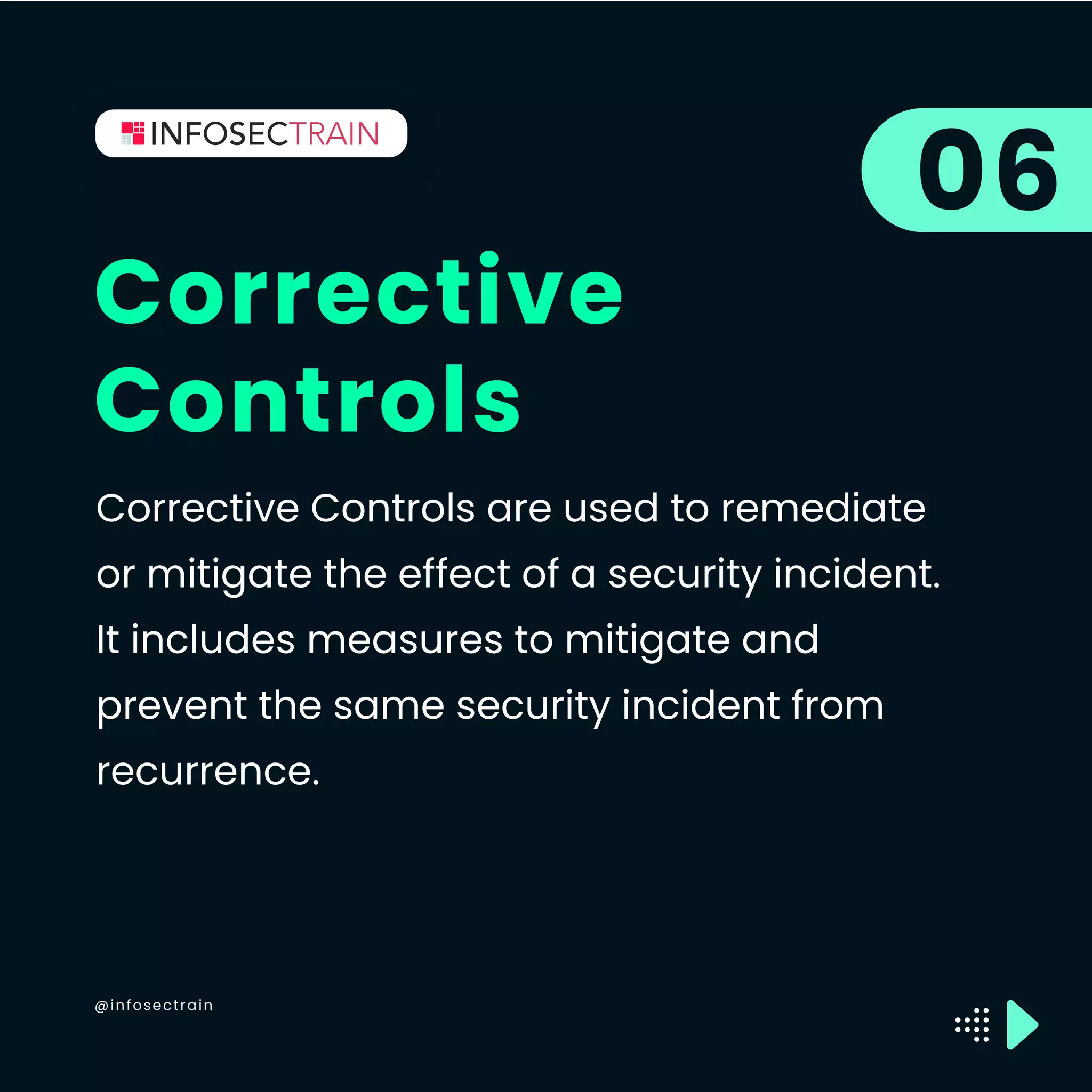 @infosectrain
Corrective
Controls
06
Corrective Controls are used to remediate
or mitigate the effect of a security incident.
It includes measures to mitigate and
prevent the same security incident from
recurrence.
 