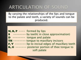 By varying the relationships of the lips and tongue
to the palate and teeth, a variety of sounds can be
produced.
M, B, P ---- formed by lips
S -------- by teeth( in close approximation)
D -------- tongue and palate
TH -------- tongue to maxillary incisors
F, V ------- lip to incisal edges of maxillary teeth
K, G ------- posterior portion of thee tongue to
soft palate
 