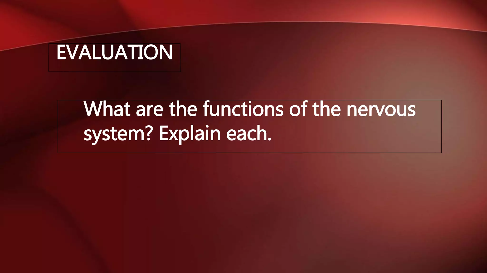EVALUATION
What are the functions of the nervous
system? Explain each.