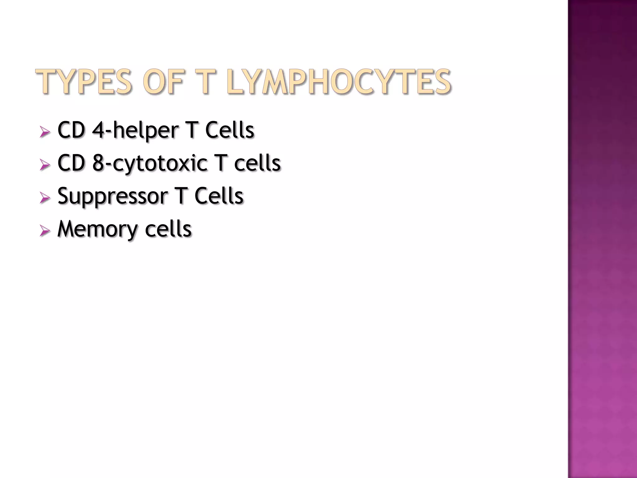  CD 4-helper T Cells
 CD 8-cytotoxic T cells
 Suppressor T Cells
 Memory cells
 