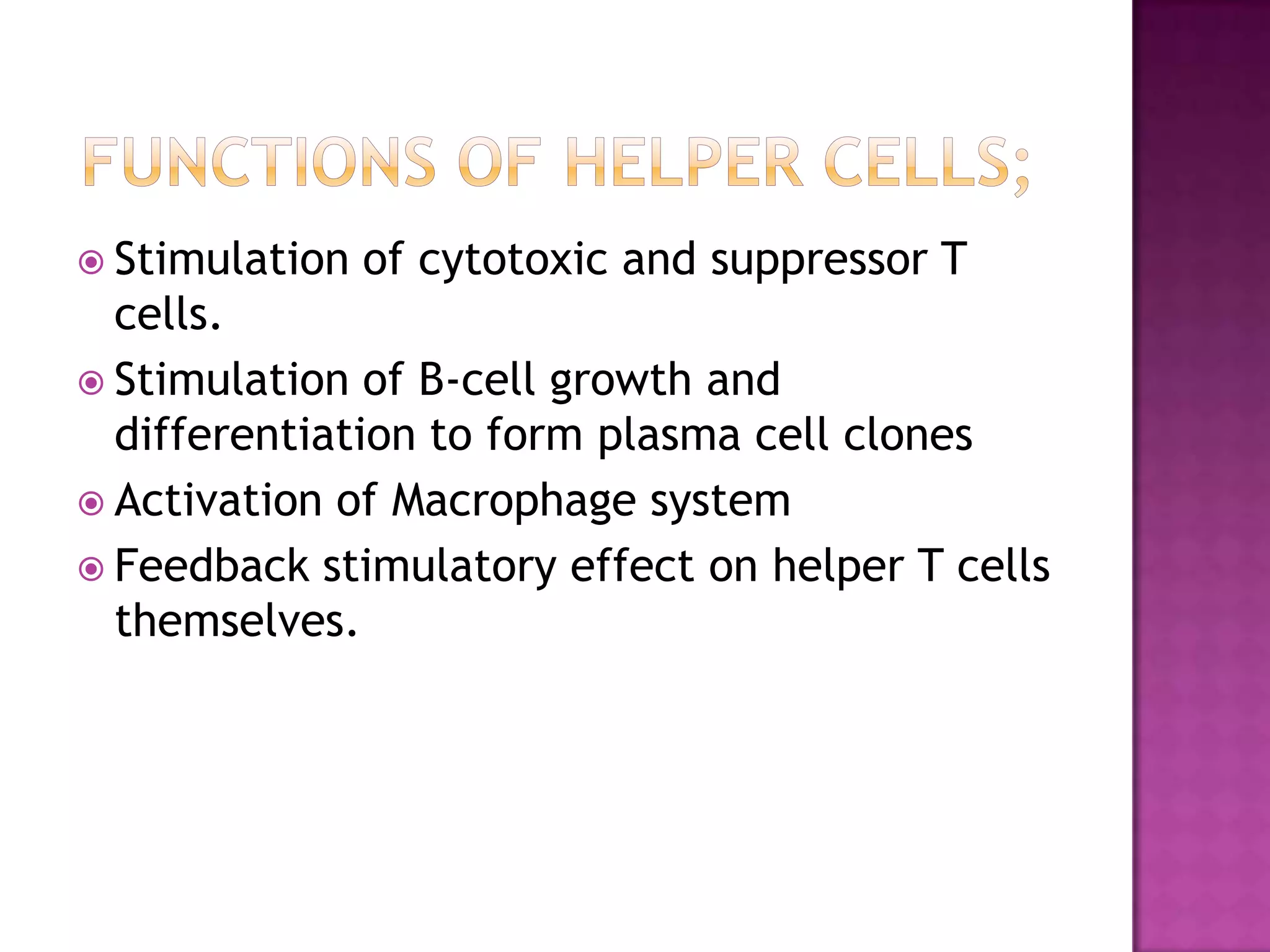  Stimulation of cytotoxic and suppressor T
cells.
 Stimulation of B-cell growth and
differentiation to form plasma cell clones
 Activation of Macrophage system
 Feedback stimulatory effect on helper T cells
themselves.
 