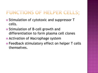  Stimulation of cytotoxic and suppressor T
cells.
 Stimulation of B-cell growth and
differentiation to form plasma cell clones
 Activation of Macrophage system
 Feedback stimulatory effect on helper T cells
themselves.
 