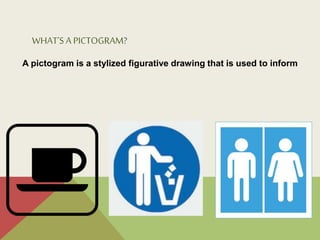 WHAT’S A PICTOGRAM?
A pictogram is a stylized figurative drawing that is used to inform
 