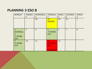 PLANNING 3 ESO B
MONDAY TUESDA
Y
WEDNESDA
Y
THURSDA
Y
FRIDA
Y
SATURDA
Y
SUNDA
Y
28 29
THEORY
30 31 1
2
MATERIAL
S
1º WORK
DAY
3 4 5
2º WORK
DAY
6 7 8
9
3º WORK
DAY
10 11 12
4º WORK
DAY
DELIVERY
13
 