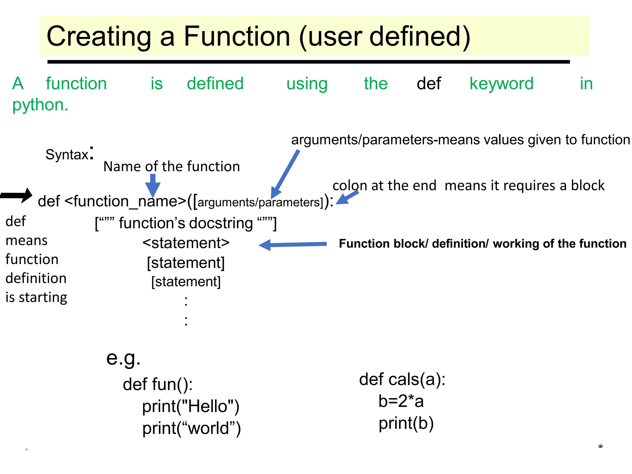 Creating a Function (user defined)
A function is defined using the def keyword in
python.
def <function_name>([arguments/parameters]):
[“”” function’s docstring “””]
<statement>
[statement]
[statement]
:
:
Function block/ definition/ working of the function
def fun():
print("Hello")
print(“world”)
e.g.
Syntax: Name of the function
colon at the end means it requires a block
def
means
function
definition
is starting
arguments/parameters-means values given to function
def cals(a):
b=2*a
print(b)
 