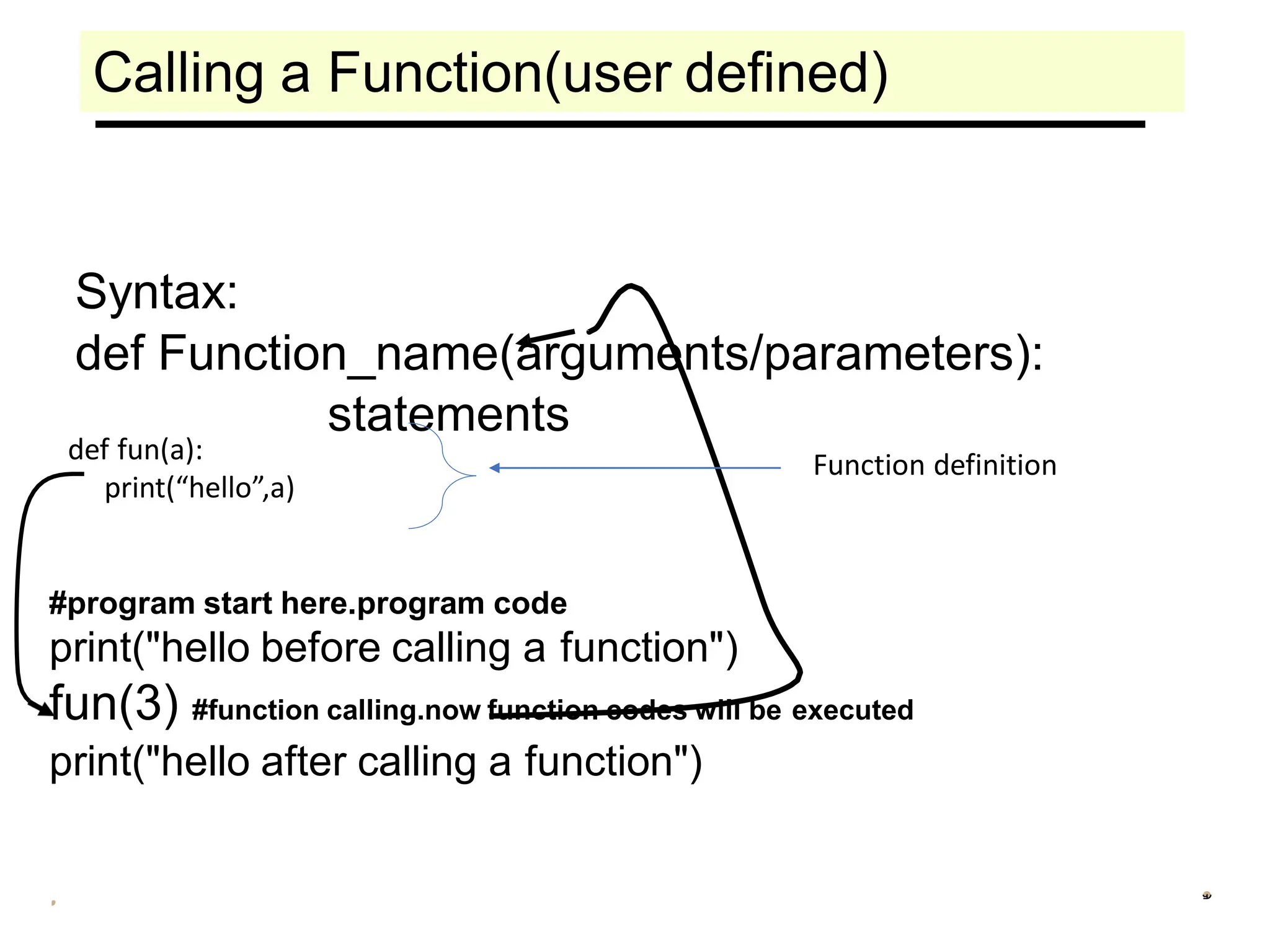 Calling a Function(user defined)
Syntax:
def Function_name(arguments/parameters):
statements
#program start here.program code
print("hello before calling a function")
fun(3) #function calling.now function codes will be executed
print("hello after calling a function")
def fun(a):
print(“hello”,a)
Function definition
 
