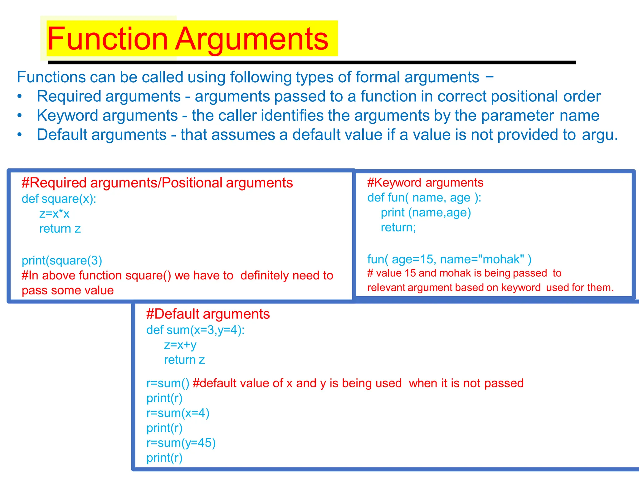 Function Arguments
Functions can be called using following types of formal arguments −
• Required arguments - arguments passed to a function in correct positional order
• Keyword arguments - the caller identifies the arguments by the parameter name
• Default arguments - that assumes a default value if a value is not provided to argu.
#Required arguments/Positional arguments
def square(x):
z=x*x
return z
print(square(3)
#In above function square() we have to definitely need to
pass some value
#Keyword arguments
def fun( name, age ):
print (name,age)
return;
fun( age=15, name="mohak" )
# value 15 and mohak is being passed to
relevant argument based on keyword used for them.
#Default arguments
def sum(x=3,y=4):
z=x+y
return z
r=sum() #default value of x and y is being used when it is not passed
print(r)
r=sum(x=4)
print(r)
r=sum(y=45)
print(r)
 