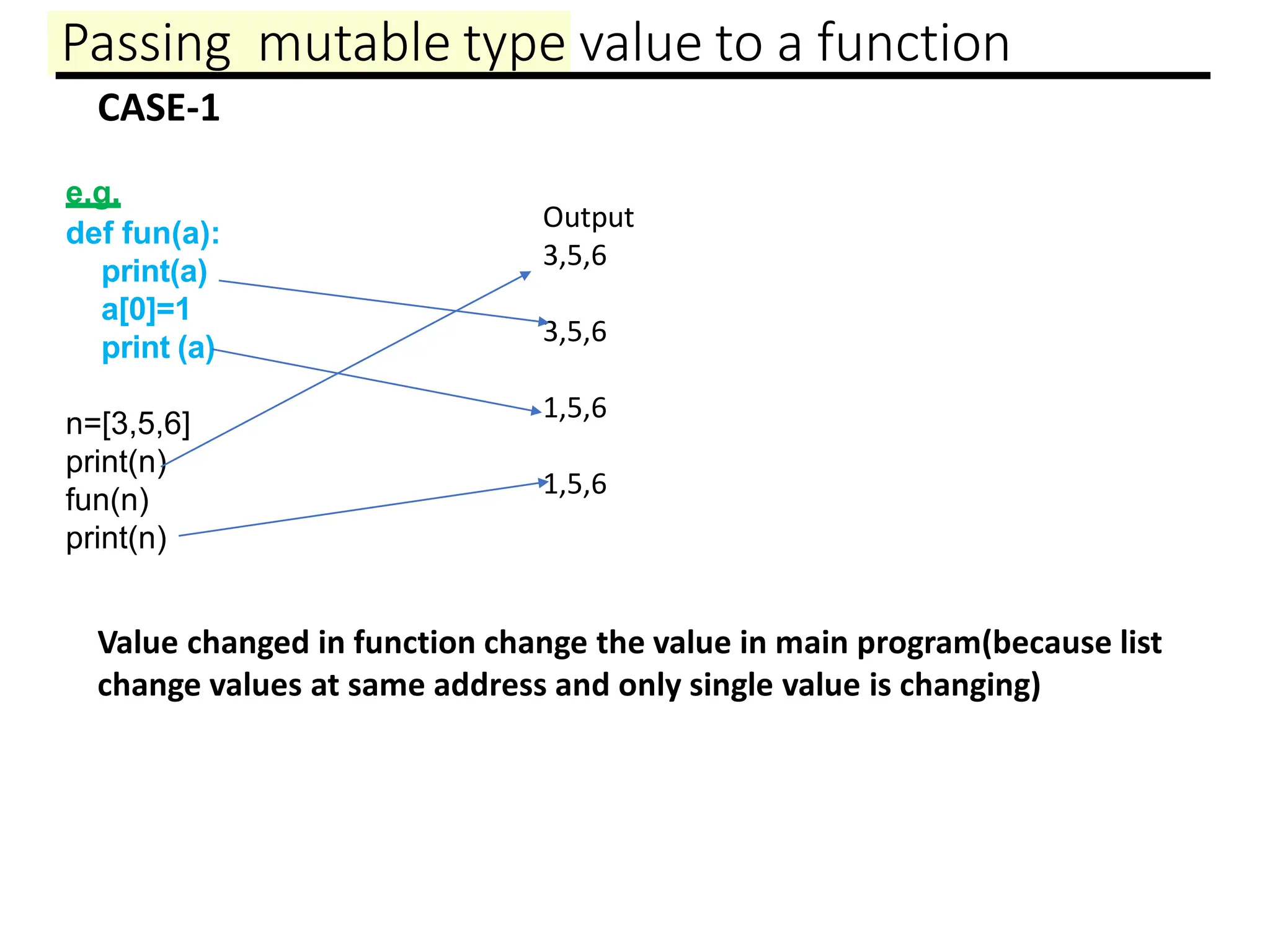 Passing mutable type value to a function
e.g.
def fun(a):
print(a)
a[0]=1
print (a)
n=[3,5,6]
print(n)
fun(n)
print(n)
Output
3,5,6
3,5,6
1,5,6
1,5,6
Value changed in function change the value in main program(because list
change values at same address and only single value is changing)
CASE-1
 