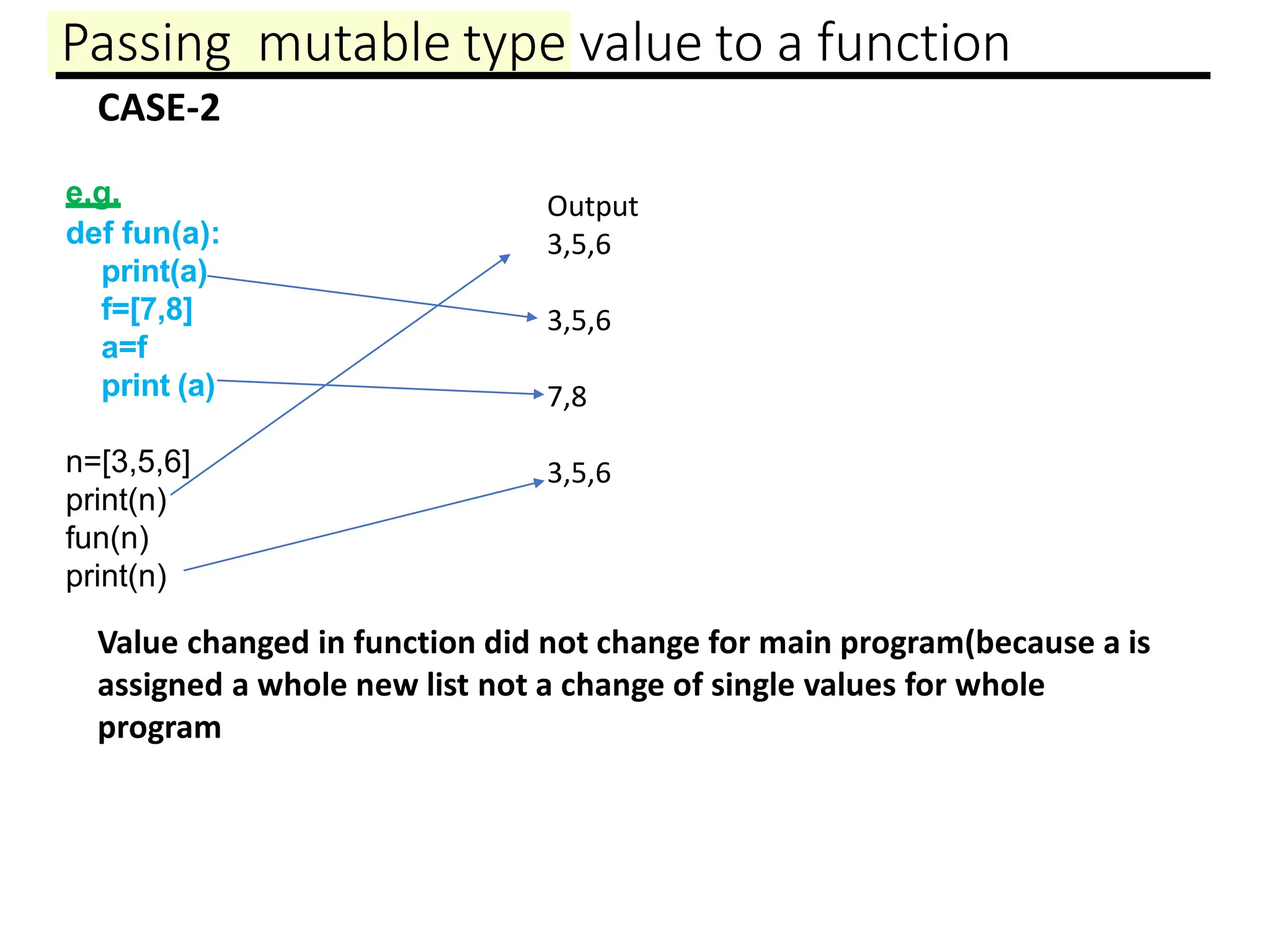 Passing mutable type value to a function
e.g.
def fun(a):
print(a)
f=[7,8]
a=f
print (a)
n=[3,5,6]
print(n)
fun(n)
print(n)
Output
3,5,6
3,5,6
7,8
3,5,6
Value changed in function did not change for main program(because a is
assigned a whole new list not a change of single values for whole
program
CASE-2
 