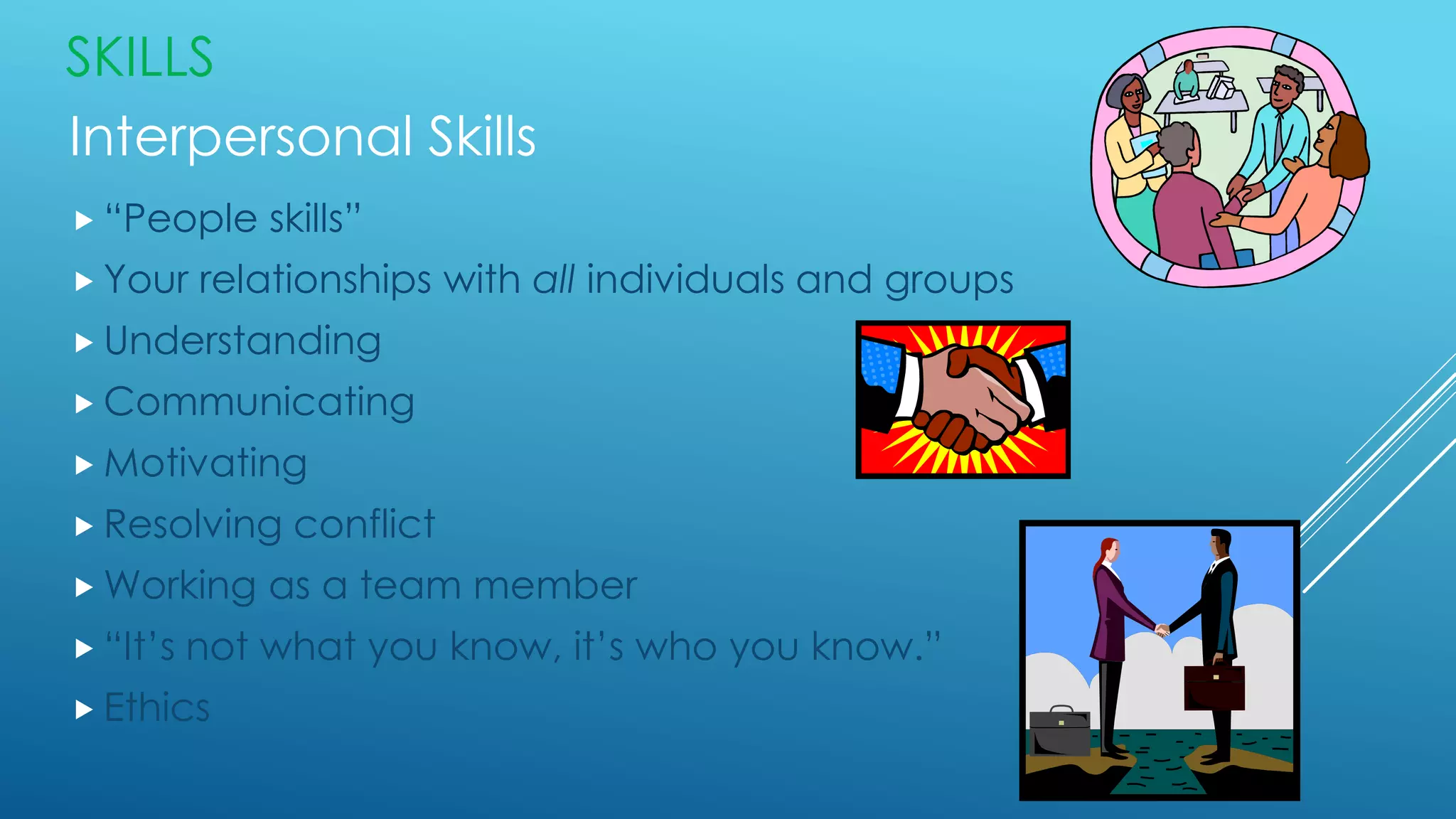 SKILLS
Interpersonal Skills
 “People skills”
 Your relationships with all individuals and groups
 Understanding
 Communicating
 Motivating
 Resolving conflict
 Working as a team member
 “It’s not what you know, it’s who you know.”
 Ethics
 