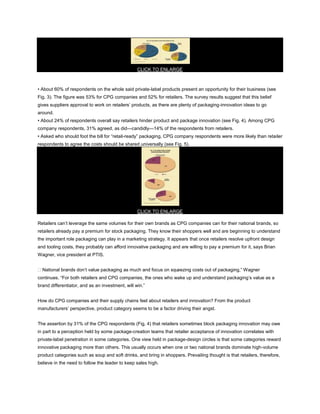CLICK TO ENLARGE



• About 60% of respondents on the whole said private-label products present an opportunity for their business (see
Fig. 3). The figure was 53% for CPG companies and 52% for retailers. The survey results suggest that this belief
gives suppliers approval to work on retailers’ products, as there are plenty of packaging-innovation ideas to go
around.
• About 24% of respondents overall say retailers hinder product and package innovation (see Fig. 4). Among CPG
company respondents, 31% agreed, as did—candidly—14% of the respondents from retailers.
• Asked who should foot the bill for “retail-ready” packaging, CPG company respondents were more likely than retailer
respondents to agree the costs should be shared universally (see Fig. 5).




                                                  CLICK TO ENLARGE

Retailers can’t leverage the same volumes for their own brands as CPG companies can for their national brands, so
retailers already pay a premium for stock packaging. They know their shoppers well and are beginning to understand
the important role packaging can play in a marketing strategy. It appears that once retailers resolve upfront design
and tooling costs, they probably can afford innovative packaging and are willing to pay a premium for it, says Brian
Wagner, vice president at PTIS.


“National brands don’t value packaging as much and focus on squeezing costs out of packaging,” Wagner
continues. “For both retailers and CPG companies, the ones who wake up and understand packaging’s value as a
brand differentiator, and as an investment, will win.”


How do CPG companies and their supply chains feel about retailers and innovation? From the product
manufacturers’ perspective, product category seems to be a factor driving their angst.


The assertion by 31% of the CPG respondents (Fig. 4) that retailers sometimes block packaging innovation may owe
in part to a perception held by some package-creation teams that retailer acceptance of innovation correlates with
private-label penetration in some categories. One view held in package-design circles is that some categories reward
innovative packaging more than others. This usually occurs when one or two national brands dominate high-volume
product categories such as soup and soft drinks, and bring in shoppers. Prevailing thought is that retailers, therefore,
believe in the need to follow the leader to keep sales high.
 