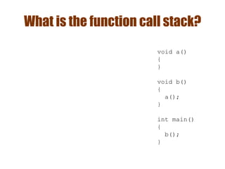 What is the function call stack?
void a()
{
}
void b()
{
a();
}
int main()
{
b();
}
 