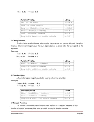 Ramesh Bandaru Page 11
fabs(-3.4) returns 3.4
Function Prototype Library
int abs(int number); stdlib.h
long labs (long number); stdlib.h
long long llabs(long long number); stdlib.h
double fabs(double number); math.h
float fabsf(float number); math.h
long double fabsl(long double number); math.h
2) Ceiling Function
A ceiling is the smallest integral value greater than or equal to a number. Although the ceiling
functions determine an integral value, the return type is defined as a real value that corresponds to the
argument.
Examples
ceil(-1.9) returns 1.0
ceil(1.1) returns 2.0
Function Prototype Library
float ceilf(float number); math.h
double ceil(double number); math.h
long double ceill(long double number); math.h
3) Floor Functions
A floor is the largest integral value that is equal to or less than a number.
Examples
floor(-1.1) returns -2.0
floor(1.9) returns 1.0
Function Prototype Library
float floorf(float number); math.h
double floor(double number); math.h
long double floorl(long double number); math.h
4) Truncate Functions
The truncate functions returns the integral in the direction of 0. They are the same as floor
function for positive numbers and the same as ceiling function for negative numbers.
 