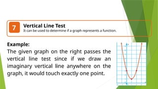 Vertical Line Test
It can be used to determine if a graph represents a function.
7
Example:
The given graph on the right passes the
vertical line test since if we draw an
imaginary vertical line anywhere on the
graph, it would touch exactly one point.
 
