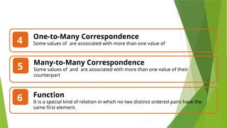 One-to-Many Correspondence
Some values of are associated with more than one value of
4
Many-to-Many Correspondence
Some values of and are associated with more than one value of their
counterpart
5
Function
It is a special kind of relation in which no two distinct ordered pairs have the
same first element.
6
 