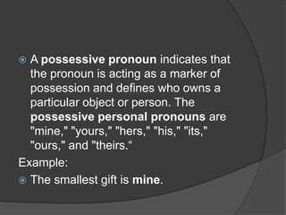  A possessive pronoun indicates that
  the pronoun is acting as a marker of
  possession and defines who owns a
  particular object or person. The
  possessive personal pronouns are
  "mine," "yours," "hers," "his," "its,"
  "ours," and "theirs.“
Example:
 The smallest gift is mine.
 