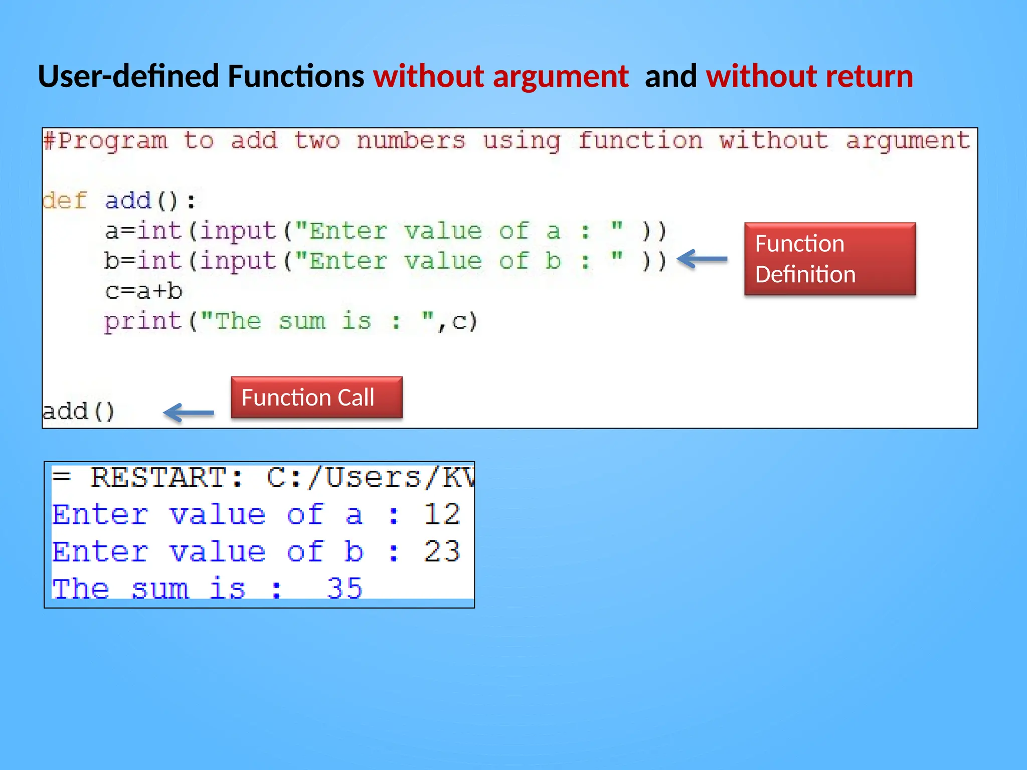 User-defined Functions without argument and without return
Function
Definition
Function Call
 