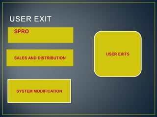 • SPRO



                          USER EXITS
 SALES AND DISTRIBUTION




  SYSTEM MODIFICATION
 
