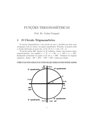 FUNC¸ ˜OES TRIGONOM´ETRICAS
Prof. Dr. Carlos Campani
1 O C´ırculo Trigonom´etrico
O c´ırculo trigonom´etrico ´e um c´ırculo de raio 1, dividido por dois eixos
ortogonais, bem ao centro, em quatro quadrantes. Portanto, os pontos onde
o c´ırculo intercepta os eixos s˜ao: (1, 0); (0, 1); (−1, 0); e (0, −1).
O c´ırculo perfaz 360◦
(graus) ou 2π radianos. Assim, estes pontos est˜ao,
respectivamente, nos ˆangulos α = 0◦
, α = 90◦
, α = 180◦
e α = 270◦
,
ﬁnalizando novamente no ponto (1, 0) em α = 360◦
. Podemos ter ˆangulos
negativos. Assim, −90◦
= 270◦
, −180◦
= 180◦
e assim por diante.
C´IRCULO EM GRAUS E COM OS QUADRANTES INDICADOS
1
 