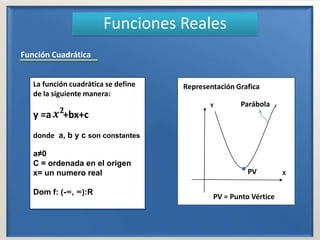 Y X Funciones Reales Función Cuadrática La función cuadrática se define de la siguiente manera: y =a     +bx+c donde  a, b y c son constantes a≠0 C = ordenada en el origen x= un numero real Dom f: (-∞, ∞):R Representación Grafica Parábola PV PV = Punto Vértice 