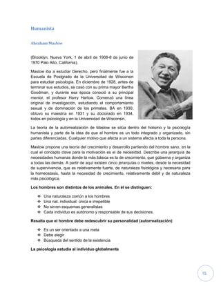 15
Humanista
Abraham Maslow
(Brooklyn, Nueva York, 1 de abril de 1908-8 de junio de
1970 Palo Alto, California).
Maslow iba a estudiar Derecho, pero finalmente fue a la
Escuela de Postgrado de la Universidad de Wisconsin
para estudiar psicología. En diciembre de 1928, antes de
terminar sus estudios, se casó con su prima mayor Bertha
Goodman, y durante esa época conoció a su principal
mentor, el profesor Harry Harlow. Comenzó una línea
original de investigación, estudiando el comportamiento
sexual y de dominación de los primates. BA en 1930,
obtuvo su maestría en 1931 y su doctorado en 1934,
todos en psicología y en la Universidad de Wisconsin.
La teoría de la autorrealización de Maslow se sitúa dentro del holismo y la psicología
humanista y parte de la idea de que el hombre es un todo integrado y organizado, sin
partes diferenciadas. Cualquier motivo que afecta a un sistema afecta a toda la persona.
Maslow propone una teoría del crecimiento y desarrollo partiendo del hombre sano, en la
cual el concepto clave para la motivación es el de necesidad. Describe una jerarquía de
necesidades humanas donde la más básica es la de crecimiento, que gobierna y organiza
a todas las demás. A partir de aquí existen cinco jerarquías o niveles, desde la necesidad
de supervivencia, que es relativamente fuerte, de naturaleza fisiológica y necesaria para
la homeostasis, hasta la necesidad de crecimiento, relativamente débil y de naturaleza
más psicológica.
Los hombres son distintos de los animales. En él se distinguen:
 Una naturaleza común a los hombres
 Una nat. individual: única e irrepetible
 No sirven esquemas generalistas
 Cada individuo es autónomo y responsable de sus decisiones.
Resalta que el hombre debe redescubrir su personalidad (autorrealización)
 Es un ser orientado a una meta
 Debe elegir
 Búsqueda del sentido de la existencia
La psicología estudia al individuo globalmente
 
