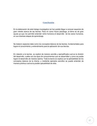 17
Conclusión
En la elaboración de este trabajo investigativo se han podido llegar a conocer aspectos de
gran interés acerca de las teorías. Para mí como futura psicóloga, el tema es de gran
ayuda ya que me permitió entender cómo funciona el desarrollo de los seres humanos,
en sus diversas etapas de aprendizaje.
Se trataron aspectos tales como los conceptos básicos de las teorías, fundamentales para
lograr el conocimiento y entendimiento para la aplicación de sus teorías.
En relación a la teorías, se explicó de manera sencilla y ejemplificada cual es la división
del desarrollo, cuales son los tipos de conocimientos que se desarrollan y como se puede
lograr el desarrollo de manera óptima. Toda la teoría se explica con la aplicabilidad de los
conceptos básicos de la misma, y mediante ejemplos sencillos se puede entender de
manera práctica cual es la posible aplicabilidad de esta.
 