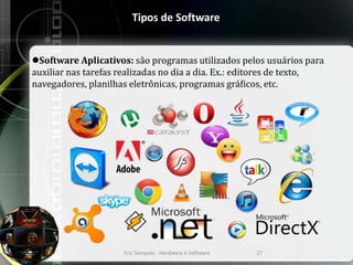 Tipos de Software
Software Aplicativos: são programas utilizados pelos usuários para
auxiliar nas tarefas realizadas no dia a dia. Ex.: editores de texto,
navegadores, planilhas eletrônicas, programas gráficos, etc.
Eric Sampaio - Hardware e Software 27
 