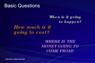 Basic Questions When is it going  to happen? WHERE IS THE MONEY GOING TO COME FROM? How much is it going to cost? 
