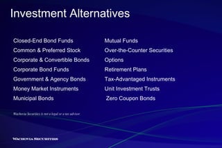 Investment Alternatives Closed-End Bond Funds  Mutual Funds Common & Preferred Stock  Over-the-Counter Securities Corporate & Convertible Bonds  Options Corporate Bond Funds  Retirement Plans Government & Agency Bonds  Tax-Advantaged Instruments Money Market Instruments  Unit Investment Trusts  Municipal Bonds  Zero Coupon Bonds Wachovia Securities is not a legal or a tax advisor. 