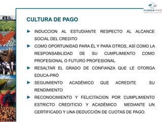 CULTURA DE PAGO

► INDUCCION AL ESTUDIANTE RESPECTO AL ALCANCE
   SOCIAL DEL CREDITO
► COMO OPORTUNIDAD PARA ÉL Y PARA OTROS, ASÍ COMO LA
   RESPONSABILIDAD      DE   SU    CUMPLIMIENTO    COMO
   PROFESIONAL O FUTURO PROFESIONAL
► RESALTAR EL GRADO DE CONFIANZA QUE LE OTORGA
   EDUCA-PRÓ
► SEGUIMIENTO    ACADÉMICO        QUE   ACREDITE     SU
   RENDIMIENTO
► RECONOCIMIENTO Y FELICITACION POR CUMPLIMIENTO
   ESTRICTO CREDITICIO Y ACADÉMICO         MEDIANTE UN
   CERTIFICADO Y UNA DEDUCCIÓN DE CUOTAS DE PAGO.
 