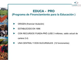 EDUCA - PRO
(Programa de Financiamiento para la Educación )


►   ORIGEN (financiar titulación)

►   ESTABLECIDO EN 1996

►   CON RECURSOS FUNDA-PRÓ (US$ 3 millones, saldo actual de

    cartera 2.4)

►   UNA CENTRAL Y DOS SUCURSALES (12 funcionarios)
 