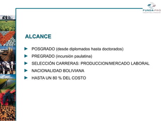 ALCANCE

► POSGRADO (desde diplomados hasta doctorados)
► PREGRADO (incursión paulatina)
► SELECCIÓN CARRERAS: PRODUCCION/MERCADO LABORAL
► NACIONALIDAD BOLIVIANA
► HASTA UN 80 % DEL COSTO
 