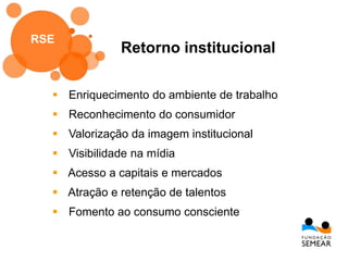 Retorno institucional
 Enriquecimento do ambiente de trabalho
 Reconhecimento do consumidor
 Valorização da imagem institucional
 Visibilidade na mídia
 Acesso a capitais e mercados
 Atração e retenção de talentos
 Fomento ao consumo consciente
RSE
 